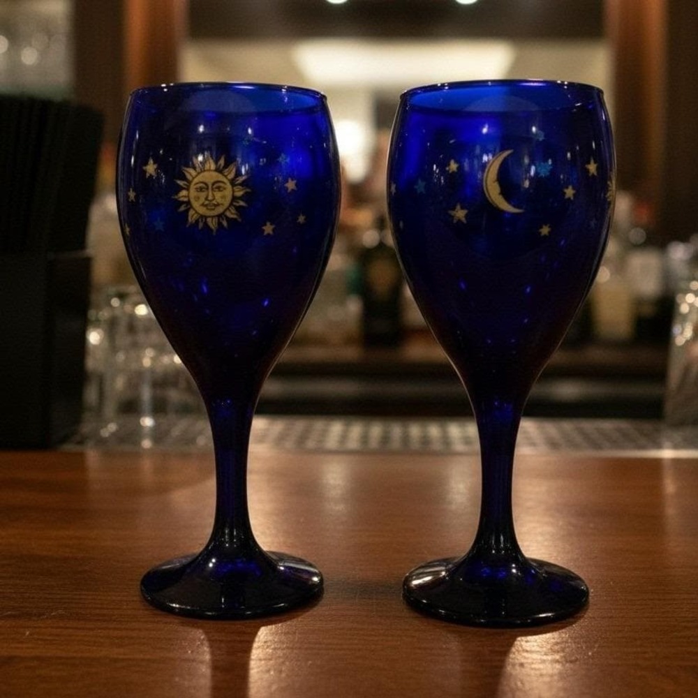Libbey Celestial Sun Moon and Star Cobalt Blue Wine Glasses Set of 2